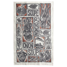 Load image into Gallery viewer, French Onion Soup illustrated recipe gift set organic cotton tea towel apron double oven glove lino cut by Kate Guy