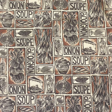 Load image into Gallery viewer, French Onion Soup illustrated recipe organic cotton apron lino cut by Kate Guy