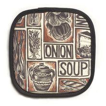 Load image into Gallery viewer, French Onion Soup illustrated recipe pot holder lino cut by Kate Guy
