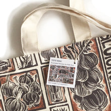 Load image into Gallery viewer, French Onion Soup illustrated recipe long handled tote bag lino cut by Kate Guy
