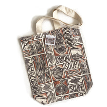 Load image into Gallery viewer, French Onion Soup illustrated recipe long handled tote bag lino cut by Kate Guy