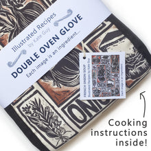 Load image into Gallery viewer, French Onion Soup illustrated recipe organic cotton double oven glove lino cut by Kate Guy