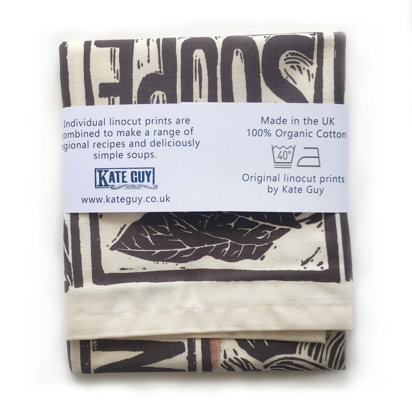 French Onion Soup illustrated recipe organic cotton tea towel lino cut by Kate Guy