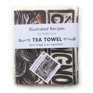 French Onion Soup illustrated recipe organic cotton tea towel lino cut by Kate Guy