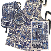 Load image into Gallery viewer, Fish Soup illustrated recipe gift set with tea towel adult apron and double oven glove with large pocket, comes with cooking instructions. lino cut print by Kate Guy
