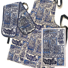 Load image into Gallery viewer, Fish Soup illustrated recipe gift set with tea towel adult apron and double oven glove with large pocket, comes with cooking instructions. lino cut print by Kate Guy