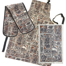 Load image into Gallery viewer, French Onion Soup illustrated recipe gift set organic cotton tea towel apron double oven glove lino cut by Kate Guy