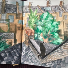 Load image into Gallery viewer, Lockdown cat out on the tiles lino cut print by Kate Guy