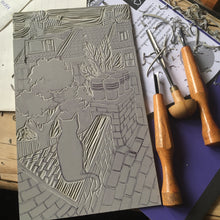 Load image into Gallery viewer, Lockdown cat out on the tiles lino cut print by Kate Guy