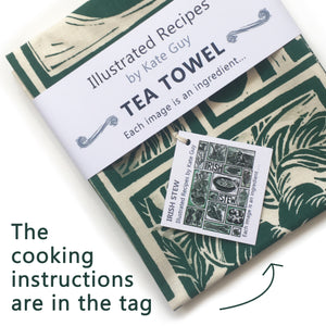 Irish Stew Illustrated Recipe tea towel lino cut by Kate Guy