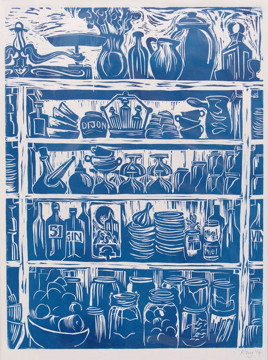French Country Kitchen Linocut Print Shelves of Home Grown Produce and Kitchen Equipment Printed in a French Blue
