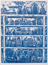 Load image into Gallery viewer, French Country Kitchen Linocut Print Shelves of Home Grown Produce and Kitchen Equipment Printed in a French Blue