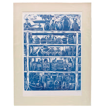Load image into Gallery viewer, French Country Kitchen Linocut Print Shelves of Home Grown Produce and Kitchen Equipment Printed in a French Blue
