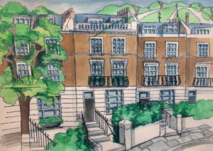 Georgian terraced houses, portrait by Kate Guy with Primrose Hill in the background