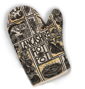Oven Mitt Printed With Illustration Of Recipe For Lancashire Hot Pot Lino Cut Print