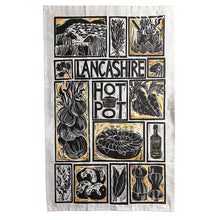 Load image into Gallery viewer, Lancashire Hot pot illustrated recipe tea towel lino cut by Kate Guy