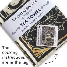 Load image into Gallery viewer, Lancashire Hot pot illustrated recipe tea towel lino cut by Kate Guy with cooking instructions in the tag