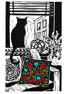 Lockdown Cat with Mexican Cushion Greetings Card