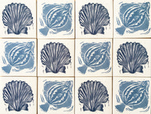 Load image into Gallery viewer, Handmade tiles lino cuts by Kate Guy Scallop Sardines and Plaice