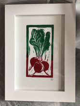 Load image into Gallery viewer, Linocut print small bunch of raddishes Ingredients prints by Kate Guy Prints
