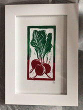 Load image into Gallery viewer, Linocut print small bunch of raddishes Ingredients prints by Kate Guy Prints