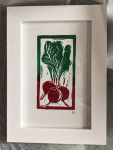 Linocut print small bunch of raddishes Ingredients prints by Kate Guy Prints