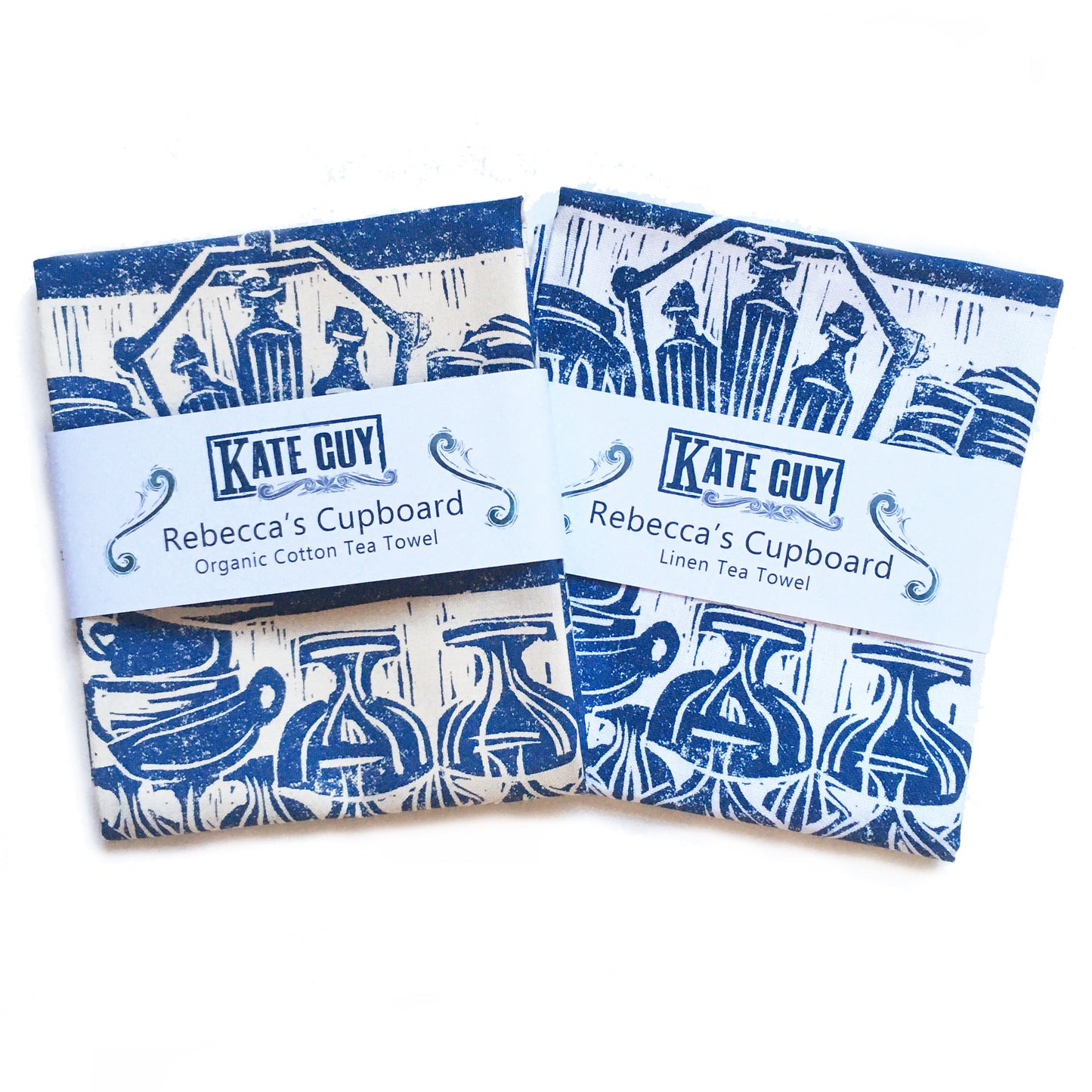 Rebecca's Cupboard, French Country kitchen lino cut tea towel by Kate Guy