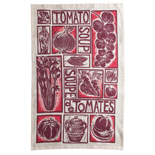 Load image into Gallery viewer, Tomato Soup illustrated recipe tea towel lino cut by Kate Guy