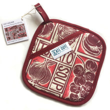 Load image into Gallery viewer, Tomato Soup illustrated recipe pot holder comes with cooking instructions,  lino cut print by Kate Guy
