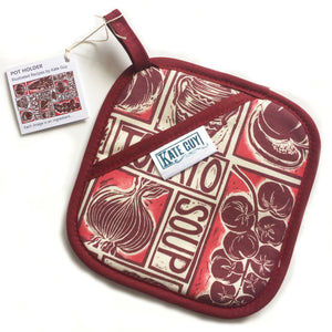 Tomato Soup illustrated recipe pot holder comes with cooking instructions,  lino cut print by Kate Guy