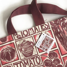 Load image into Gallery viewer, Tomato Soup Illustrated Recipe long handled tote bag lino cut design by Kate Guy