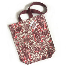 Load image into Gallery viewer, Roasted Tomato Soup Illustrated Recipe long handled tote bag lino cut by Kate Guy