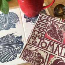 Load image into Gallery viewer, Tomato soup illustrated recipe napkin with scallop lino cut trivet by Kate Guy
