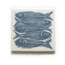 Load image into Gallery viewer, Sardines fish handmade tile in pale blue on cream, lino cut print by Kate Guy
