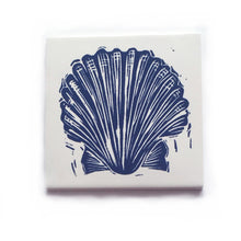 Load image into Gallery viewer, Scallop shell handmade tile in dark blue on cream, lino cut print by Kate Guy