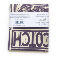 Load image into Gallery viewer, scottish Scotch Broth illustrated recipe tea towel packaging back lino cut by Kate Guy