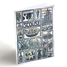 Load image into Gallery viewer, Scouse Illustrated Recipe Greetings Card by Kate Guy each image is an ingredient the cooking instructions are on the back

