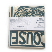 Load image into Gallery viewer, Scouse Illustrated Recipe tea towel lino cut by Kate Guy
