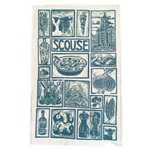 Load image into Gallery viewer, Scouse Illustrated Recipe tea towel lino cut by Kate Guy