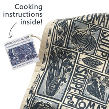 Load image into Gallery viewer, Simple Soups illustrated recipe organic cotton double oven glove lino cut by Kate Guy
