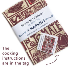 Load image into Gallery viewer, Tomato Soup illustrated recipe organic cotton napkins lino cut by Kate Guy comes with cooking instructions in the tag
