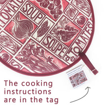 Load image into Gallery viewer, Tomato Soup illustrated recipe hob cover comes with cooking instructions, lino cut print by Kate Guy
