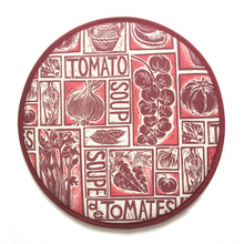 Load image into Gallery viewer, Tomato Soup illustrated recipe hob cover comes with cooking instructions, lino cut print by Kate Guy