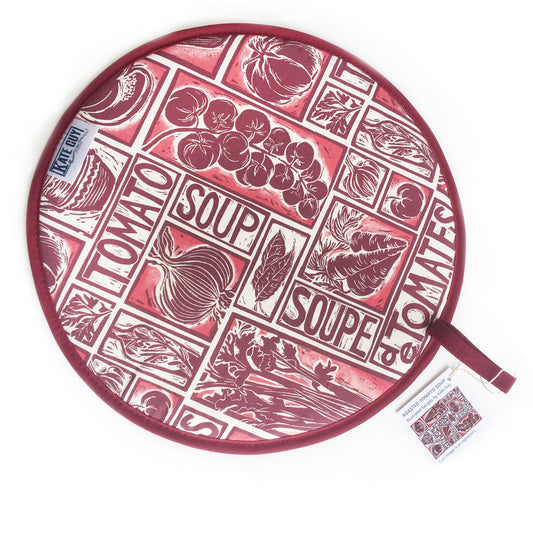 Tomato Soup illustrated recipe hob cover comes with cooking instructions, lino cut print by Kate Guy