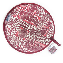 Load image into Gallery viewer, Tomato Soup illustrated recipe hob cover comes with cooking instructions, lino cut print by Kate Guy