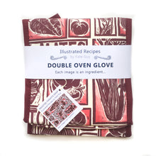 Load image into Gallery viewer, Tomato Soup illustrated recipe double oven glove comes with cooking instructions, lino cut print by Kate Guy
