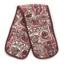 Load image into Gallery viewer, Tomato Soup illustrated recipe double oven glove comes with cooking instructions, lino cut print by Kate Guy
