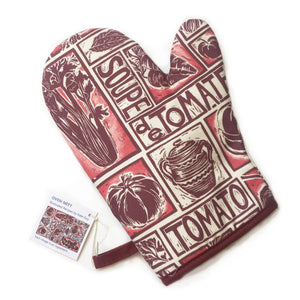 Tomato Soup illustrated recipe oven mitt comes with cooking instructions,  lino cut print by Kate Guy