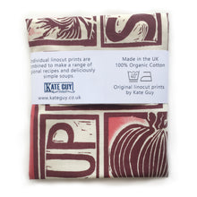 Load image into Gallery viewer, Tomato Soup illustrated recipe tea towel lino cut by Kate Guy