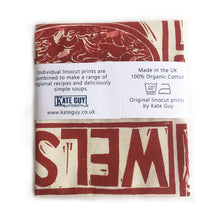 Load image into Gallery viewer, Welsh Cawl illustrated recipe tea towel lino cut by Kate Guy
